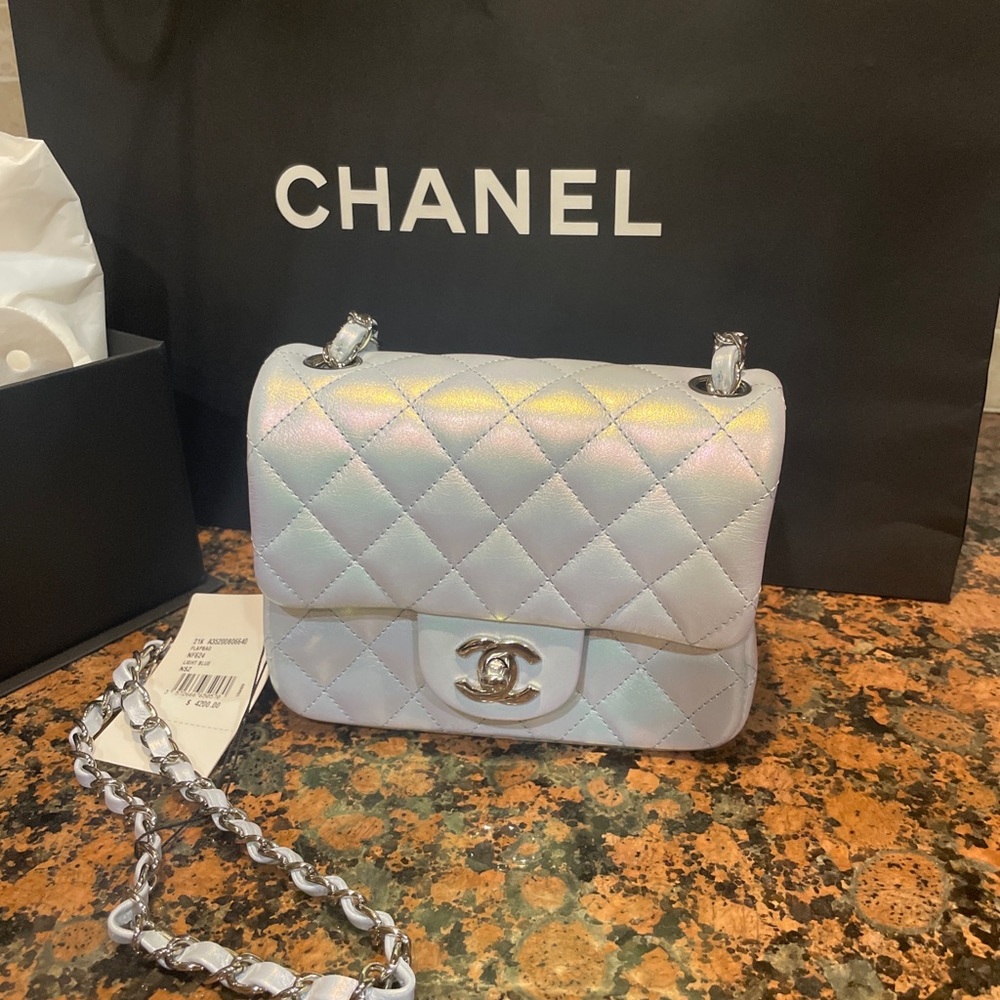 Chanel Square Mini Flap Bag in Light Blue And Metal Hardware